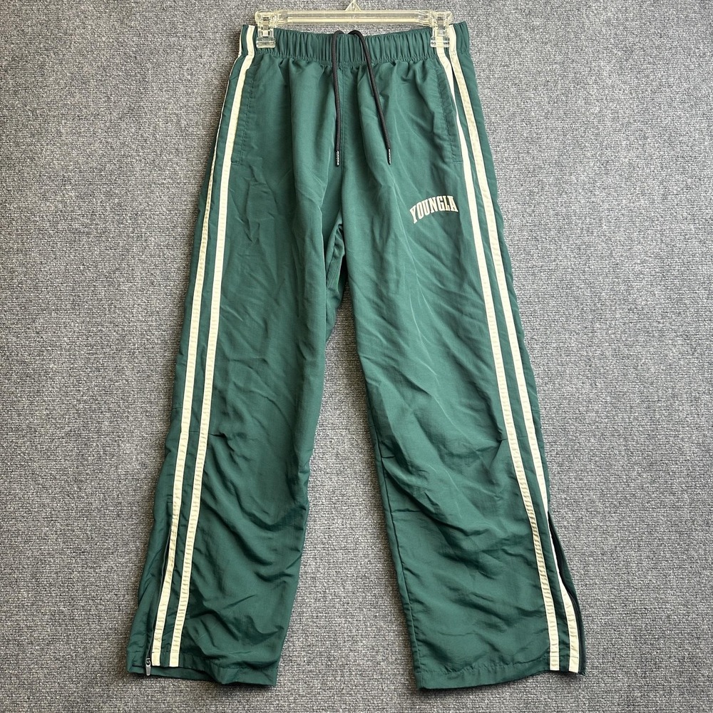 YoungLA Track Pants Mens Small Green Nylon Lined Side Stripe Zip Ankle Athletic